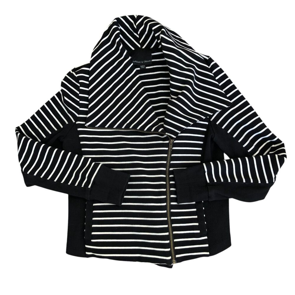 HARLOWE & GRAHAM Black and White Preppy Nautical Zip Jacket Asymmetrical Sz M
